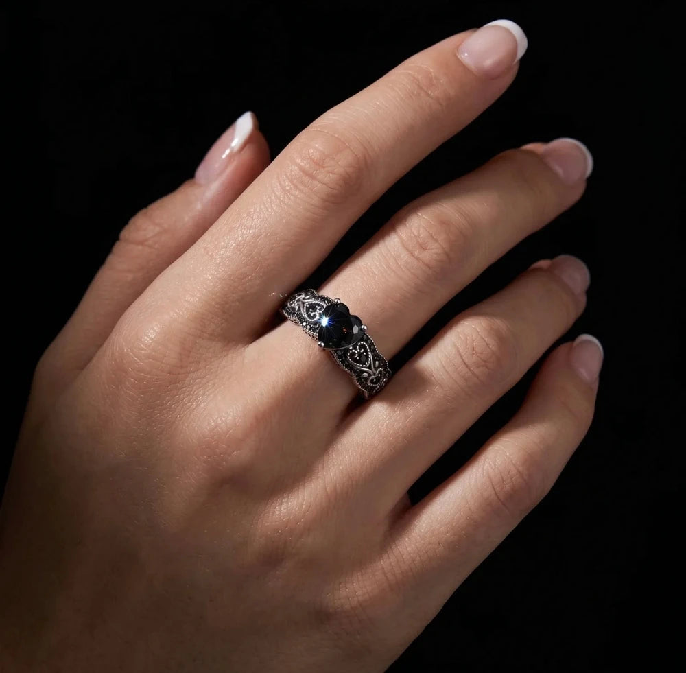 NocturnBloom Sterling Obsidian Ring