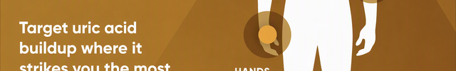 An informational graphic with a white human silhouette on a brown background, labeled with body areas such as elbows, hands/fingers/wrists, knees, and feet/ankles/toes for uric acid buildup support. Large text reads 'Support Where You Need It,' with smaller explanatory copy and the AISOR brand at the bottom.
