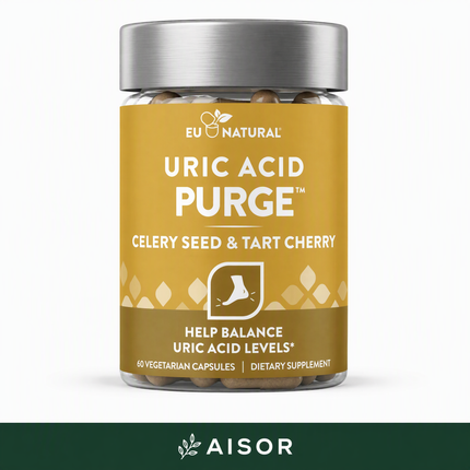 A bottle of Uric Acid Purge dietary supplement by Eu Natural, featuring a gold label and a silver cap, shown against a white background with a dark green banner at the bottom displaying the Aisor brand.