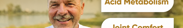 Promotional graphic for Aisor Balance Uric Acid Levels supplement, featuring a smiling man holding a bottle in an outdoor setting with text highlighting benefits for uric acid metabolism, joint comfort, and kidney health.
