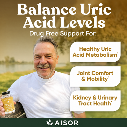 Promotional graphic for Aisor Balance Uric Acid Levels supplement, featuring a smiling man holding a bottle in an outdoor setting with text highlighting benefits for uric acid metabolism, joint comfort, and kidney health.