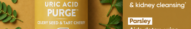 A bottle of Eur Natural Uric Acid Purge cherry seed and tart cherry supplement capsules, set against a warm brown background decorated with cherries, parsley, and seeds. The image includes text callouts for Montmorency Tart, Celery Seed, Parsley, and Chanca Piedra, along with a circular badge and the AISOR brand logo at the bottom.