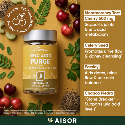 A bottle of Eur Natural Uric Acid Purge cherry seed and tart cherry supplement capsules, set against a warm brown background decorated with cherries, parsley, and seeds. The image includes text callouts for Montmorency Tart, Celery Seed, Parsley, and Chanca Piedra, along with a circular badge and the AISOR brand logo at the bottom.
