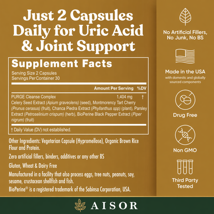 A brown and dark green product information card for Aisor supplements, detailing the 'Just 2 Capsules Daily for Uric Acid & Joint Support' formula with supplement facts and feature icons.