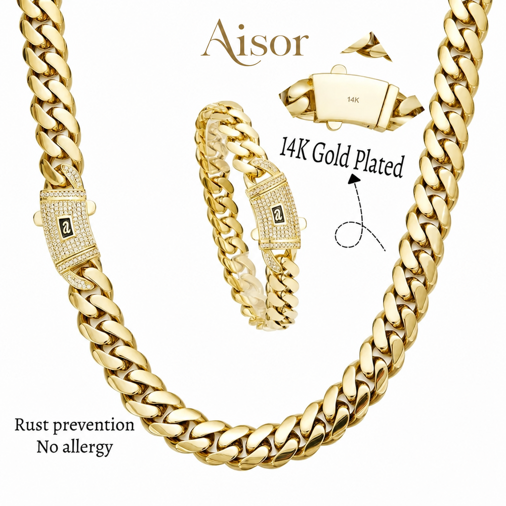 Aisor Gold Plated Cuban Link Set